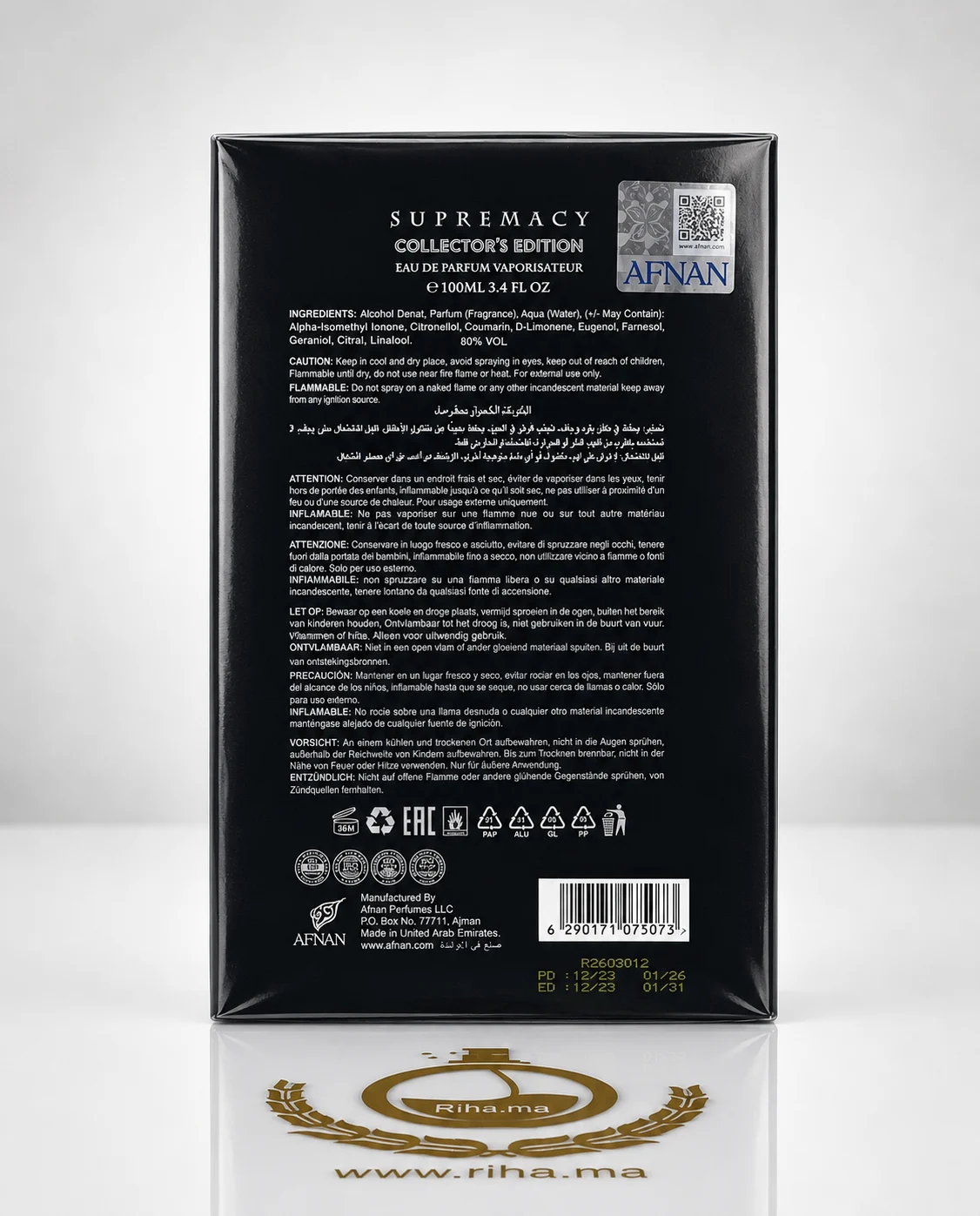 Supremacy Collector's Edition Pour Homme Afnan pour homme 100ML — photo 2 Flacon de parfum supremacy collectors edition sur fond sombre — vue 2