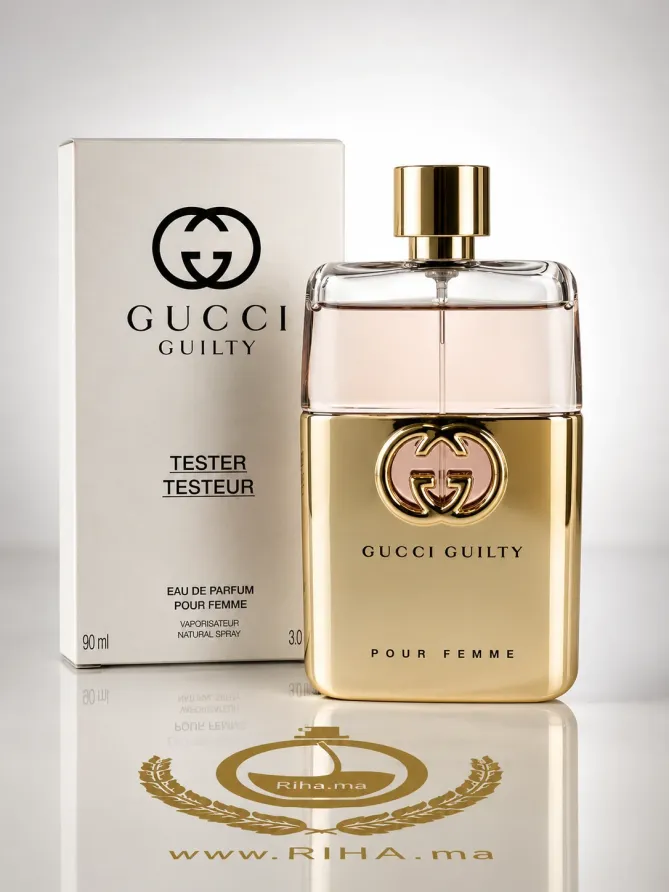 Tester Gucci Guilty Eau de Parfum 90ml Flacon de tester Gucci Guilty Eau de Parfum sur fond élégant