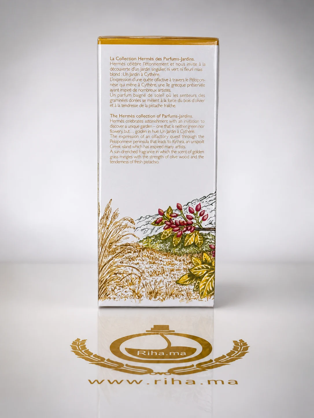 un jardin à cythère hermes eau de toilette 100ml — photo 2 Flacon de parfum un jardin a cythere hermes sur fond vert — vue 2
