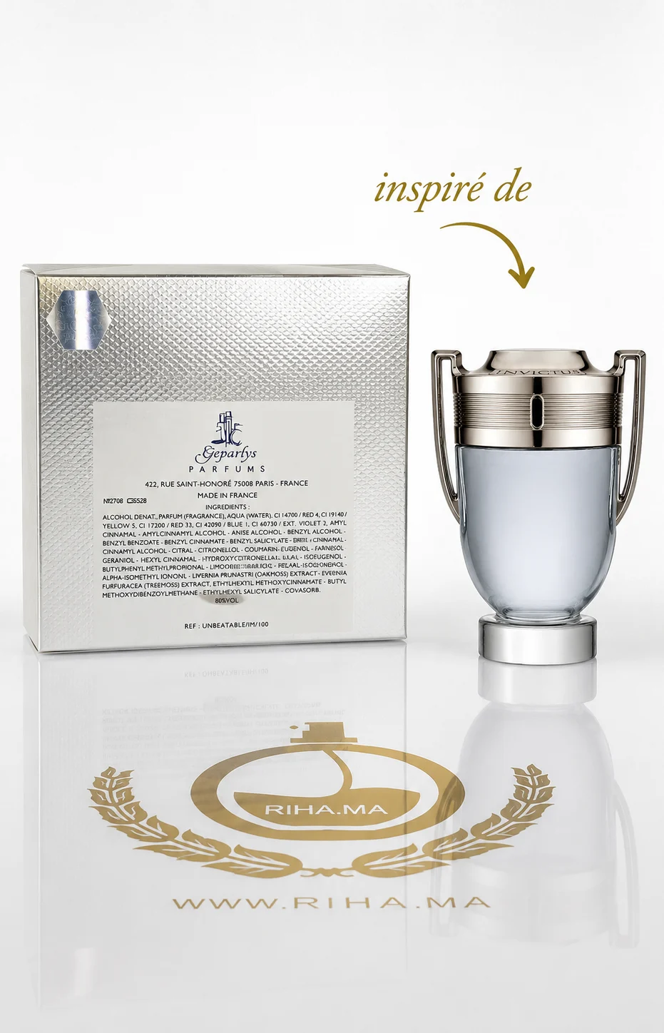Unbeatable De GEPARLYS Eau De Toilette Pour Homme 100ml — photo 2 Flacon de parfum Unbeatable de GEPARLYS posé sur fond bleu — vue 2