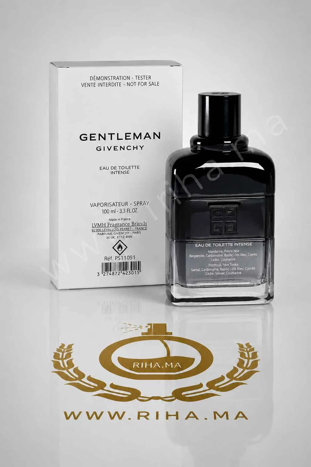 Tester Gentleman Eau de Toilette Intense Givenchy — photo 2 Flacon de parfum tester gentleman Givenchy sur fond sombre — vue 2