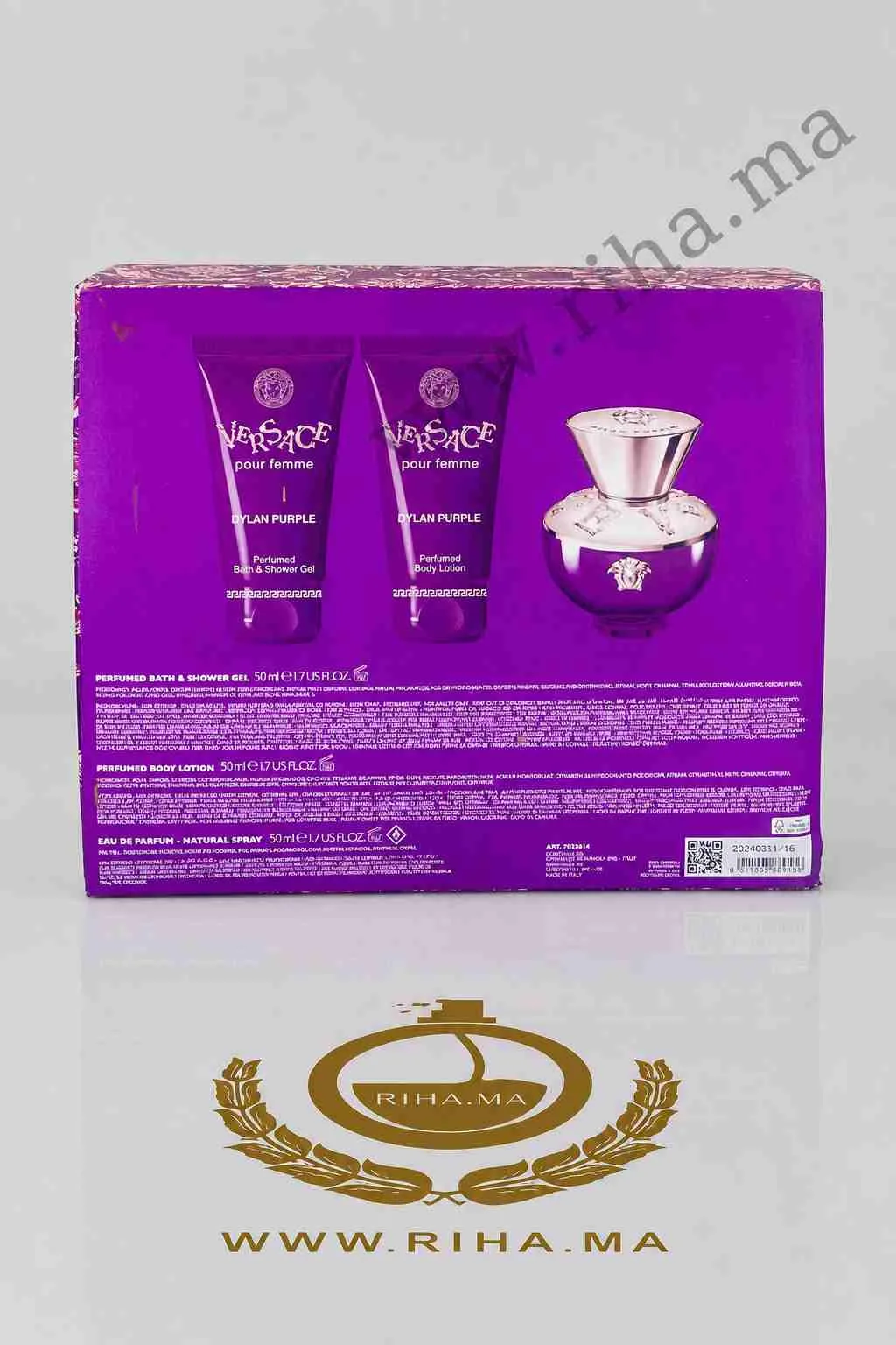 Coffret Versace Pour Femme Dylan Purple Versace Eau de Parfum Pour Femme 50 ML Authentic — photo 3 Coffret Versace Dylan Purple posé sur un fond violet élégant — vue 3