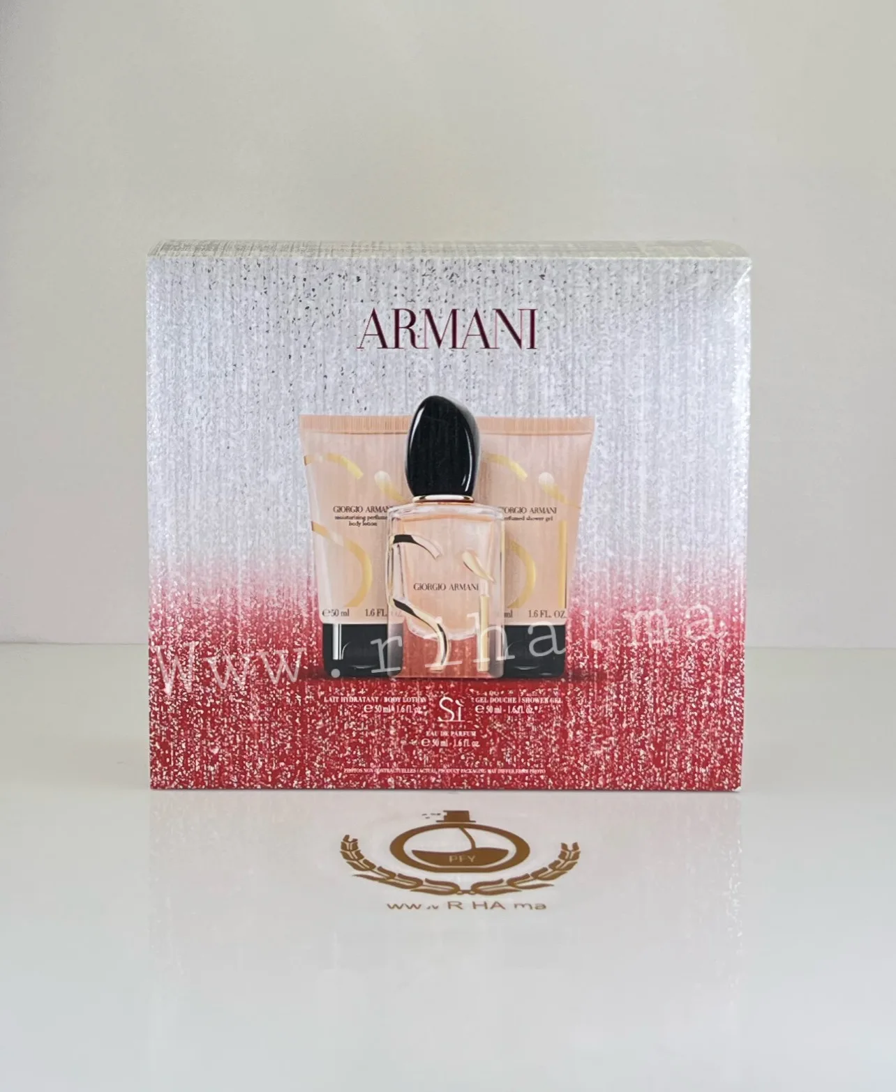 Coffret Sì Eau de Parfum Giorgio Armani Pour Femme 50ml Authentic — photo 3 coffret sì — Coffret Giorgio Armani Sì Eau de Parfum 50ml posé sur fond blanc élégant — vue 3