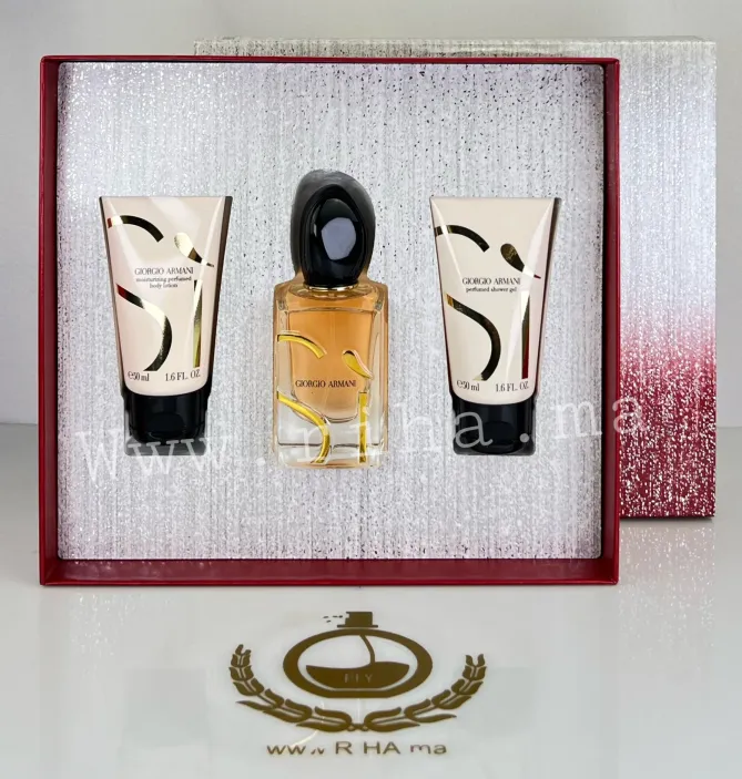 Coffret Sì Eau de Parfum Giorgio Armani Pour Femme 50ml Authentic coffret sì — Coffret Giorgio Armani Sì Eau de Parfum 50ml posé sur fond blanc élégant