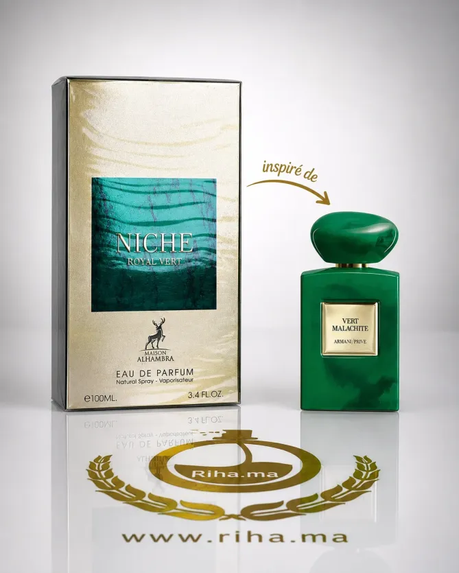 Flacon niche royal vert Maison Alhambra 100ml posé sur fond naturel