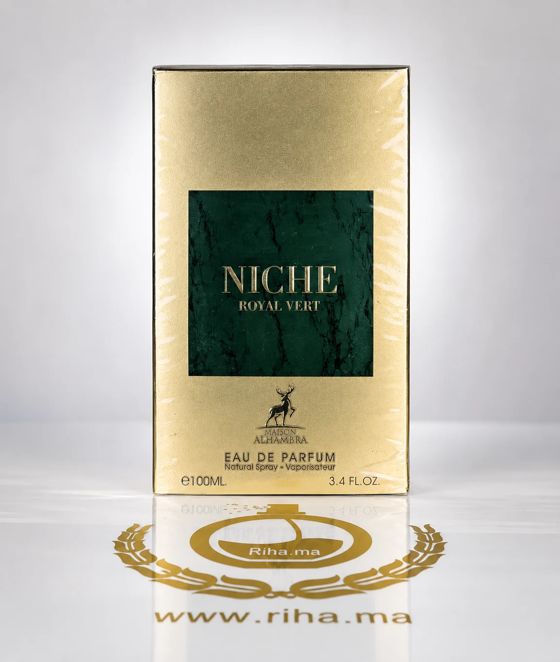 Niche Royal Vert Maison Alhambra - inspiré de Vert Malachite Armani — photo 2 Flacon niche royal vert Maison Alhambra 100ml posé sur fond naturel — vue 2