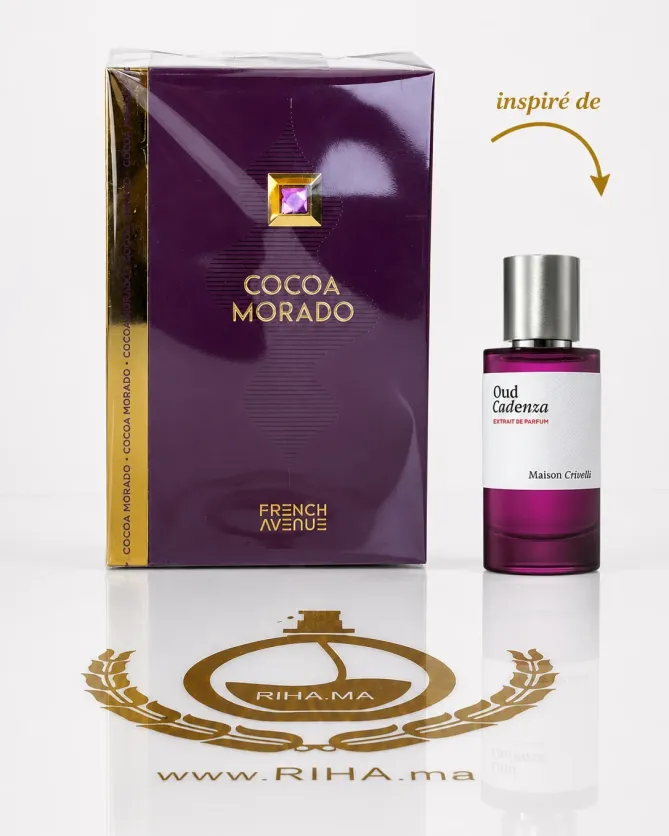 Flacon de parfum cocoa morado french avenue sur fond sombre élégant