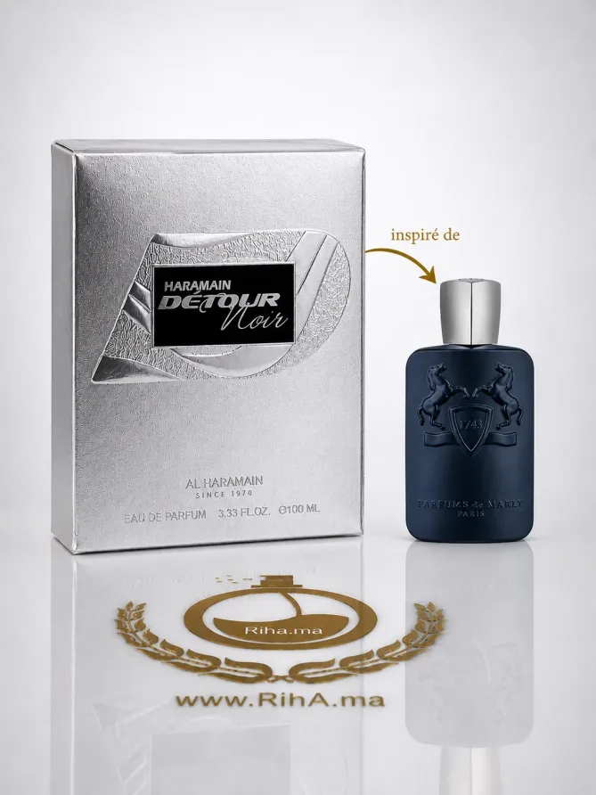 detour noir al haramain perfumes — Flacon de parfum Détour Noir Al Haramain Perfumes posé sur fond sombre