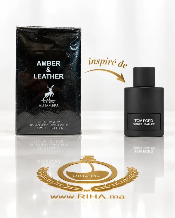 Amber & Leather Eau De Parfum 100ml Flacon de parfum Amber Leather 100 ml sur fond de cuir