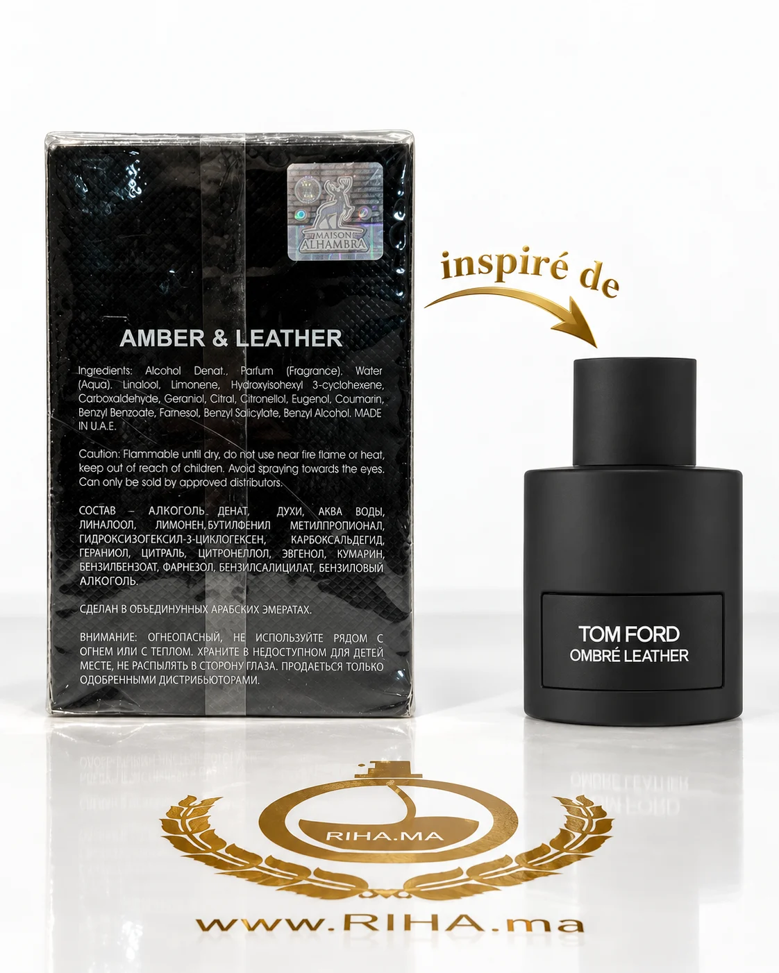 Amber & Leather Eau De Parfum 100ml — photo 2 Flacon de parfum Amber Leather 100 ml sur fond de cuir — vue 2