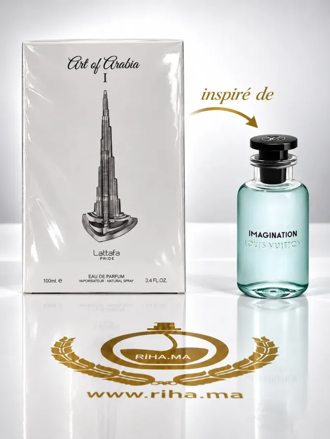 Art Of Arabia I Lattafa Eau De Parfum Pour Homme 100ml Flacon du parfum Art of Arabia I Lattafa posé sur fond doré