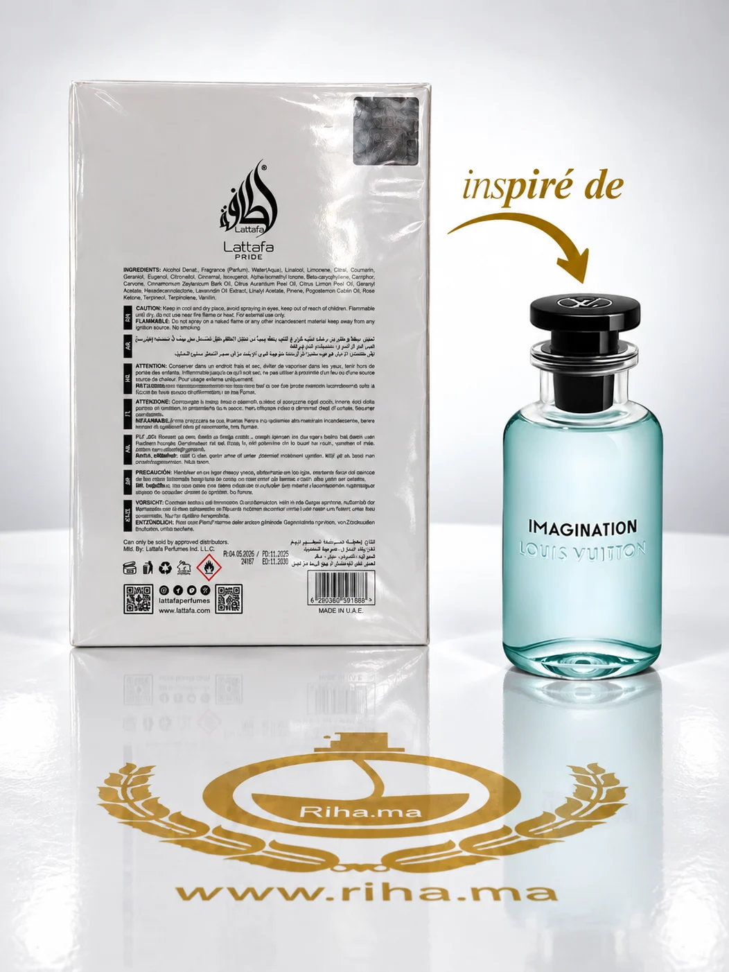 Art Of Arabia I Lattafa Eau De Parfum Pour Homme 100ml — photo 2 Flacon du parfum Art of Arabia I Lattafa posé sur fond doré — vue 2