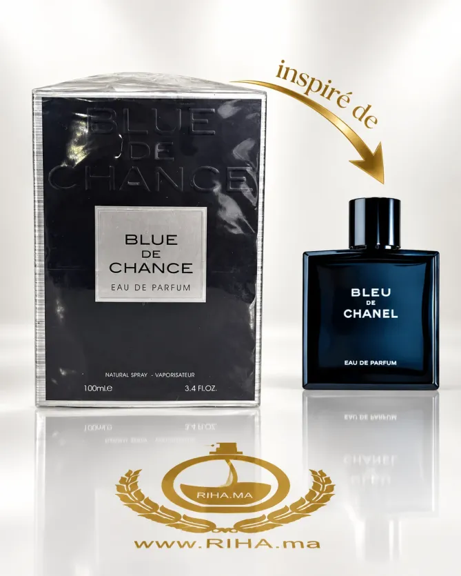 Blue De Chance Eau De Parfum Pour Homme 100ml Flacon de blue de chance eau de parfum pour homme sur fond bleu