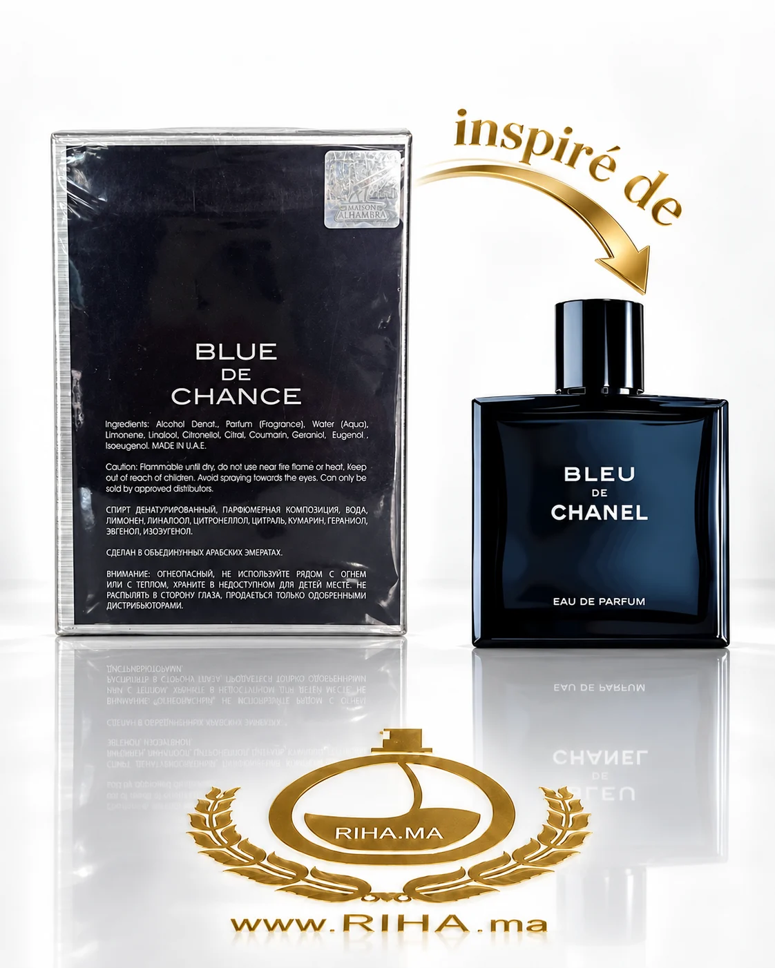 Blue De Chance Eau De Parfum Pour Homme 100ml — photo 2 Flacon de blue de chance eau de parfum pour homme sur fond bleu — vue 2