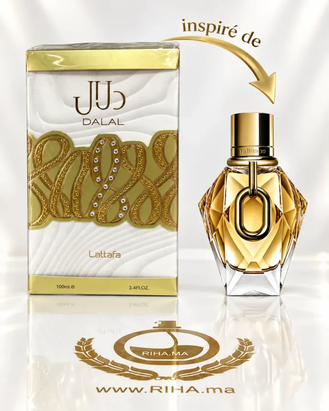 Dalal Lattafa Eau De Parfum Pour Femme 100ml Flacon Dalal Lattafa eau de parfum pour femme sur fond doré