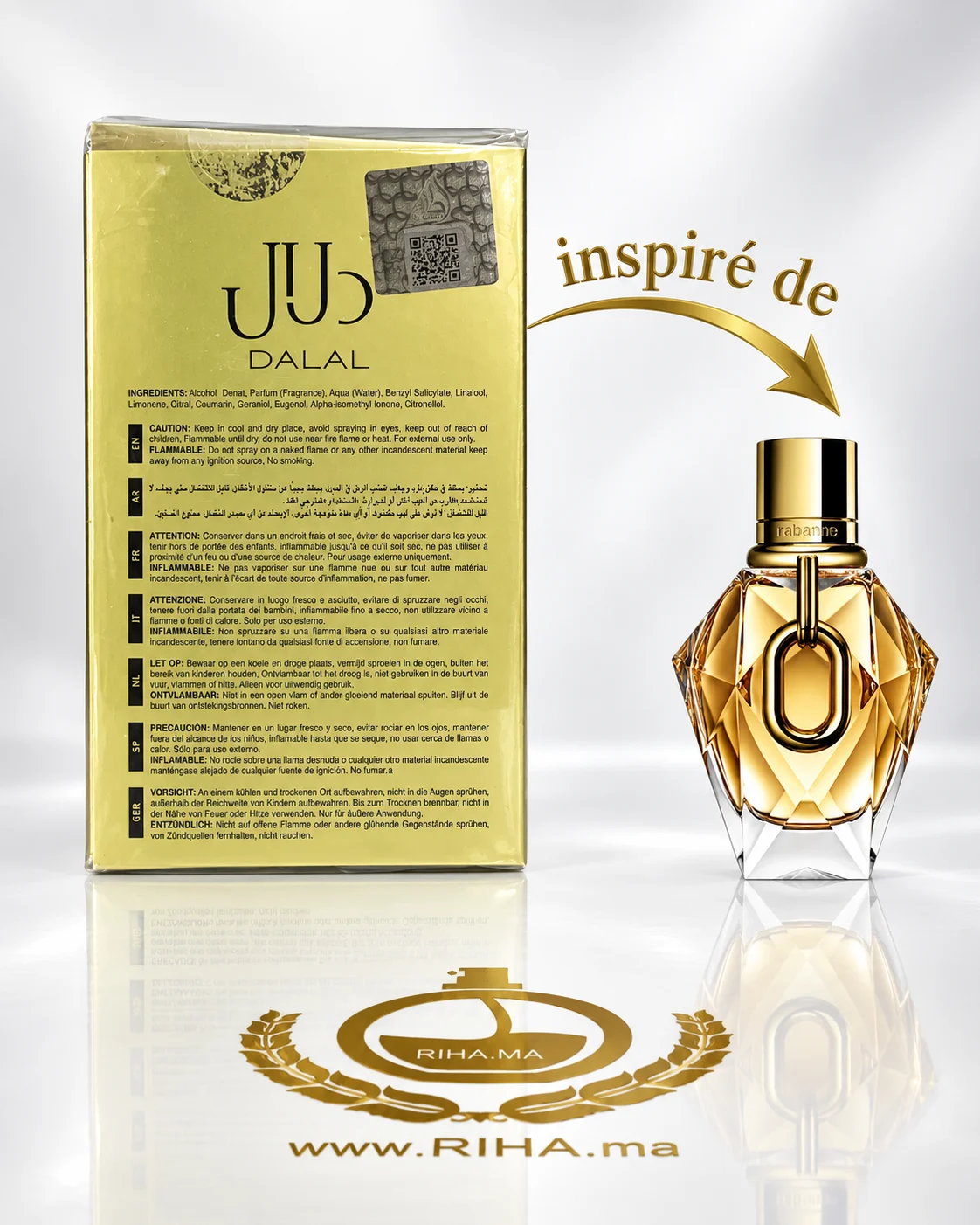 Dalal Lattafa Eau De Parfum Pour Femme 100ml — photo 2 Flacon Dalal Lattafa eau de parfum pour femme sur fond doré — vue 2