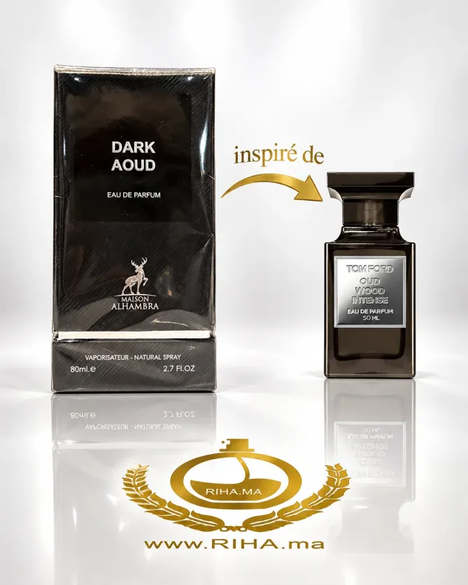 Dark Aoud Eau De Parfum Pour Homme 80ml Flacon de Dark Aoud eau de parfum pour homme sur fond sombre