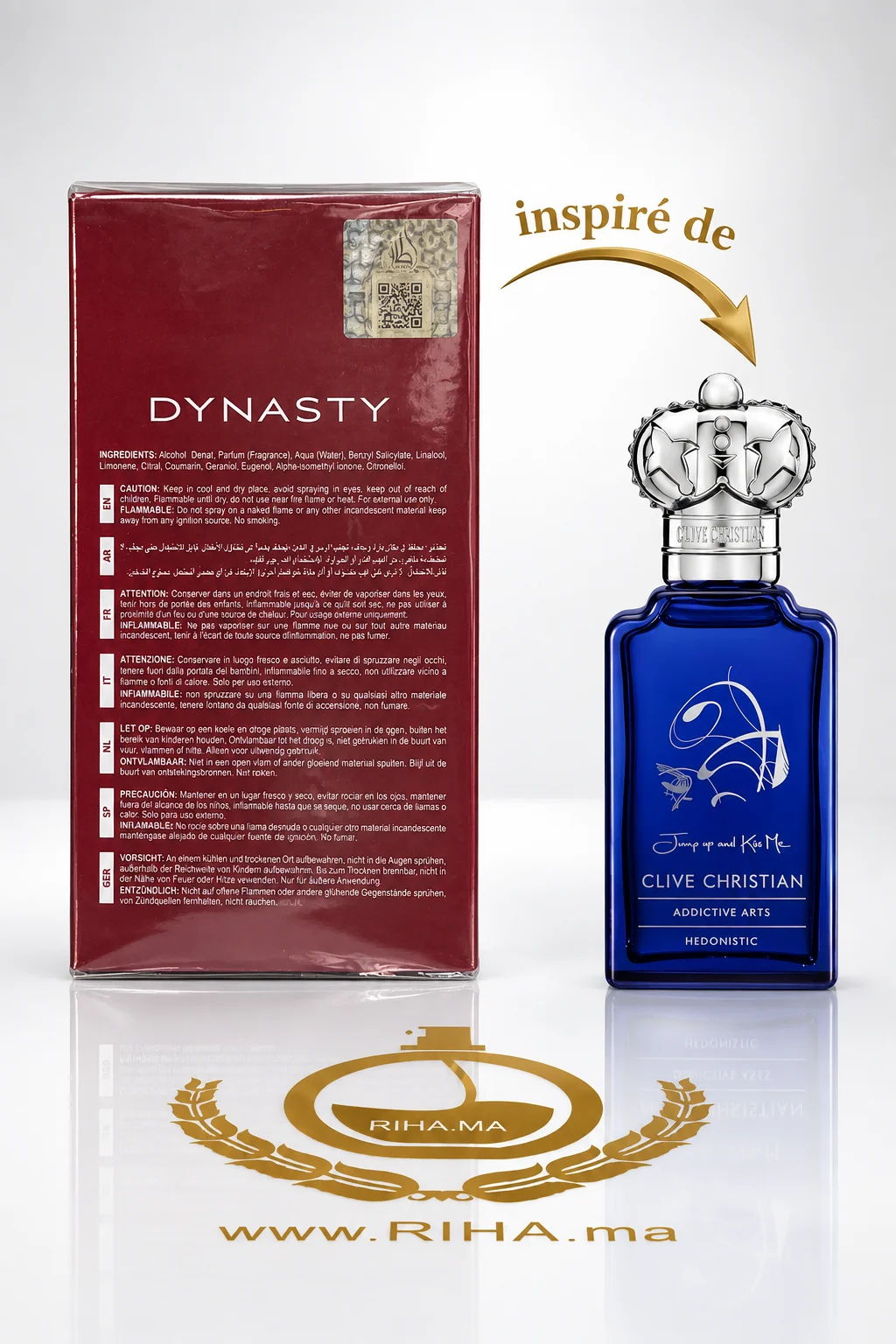 Dynasty Lattafa Eau De Parfum 100ml — photo 2 Flacon Dynasty Lattafa Eau De Parfum 100ml sur fond doré — vue 2