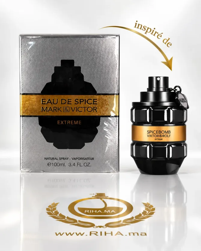 Eau De Spice Extreme Eau De Parfum Pour Homme 100ml Flacon Eau De Spice Extreme pour homme sur fond sombre et doré