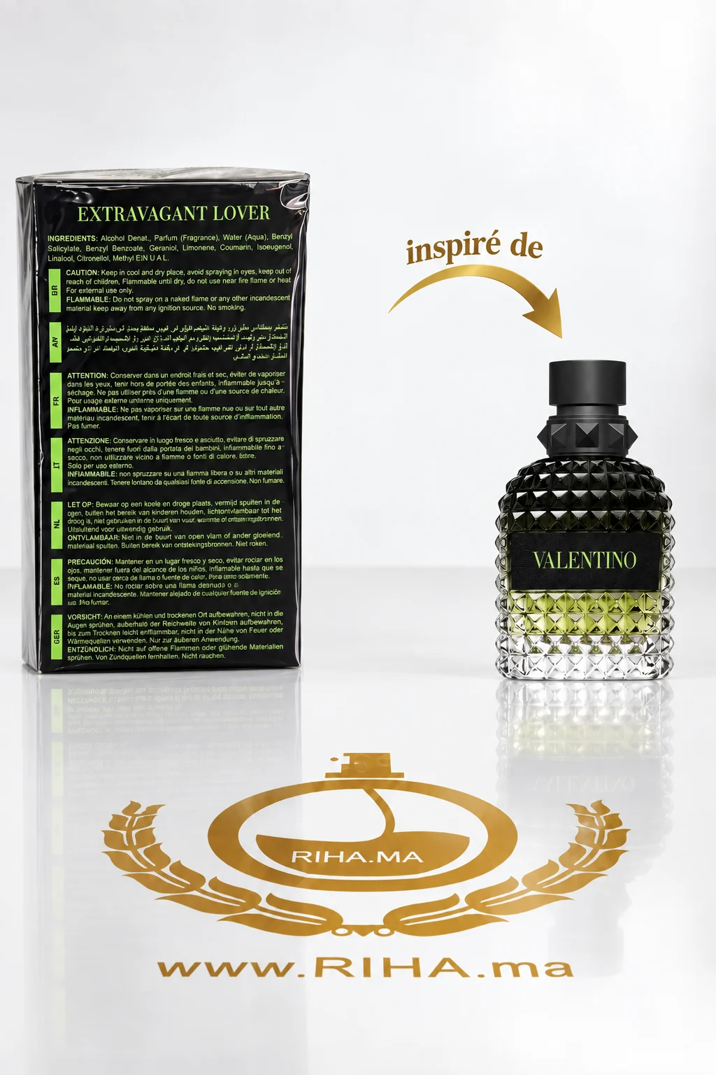 Extravgant Lover Eau De Parfum 100ml — photo 2 Flacon d'Extravgant Lover eau de parfum 100 ml sur fond doré — vue 2