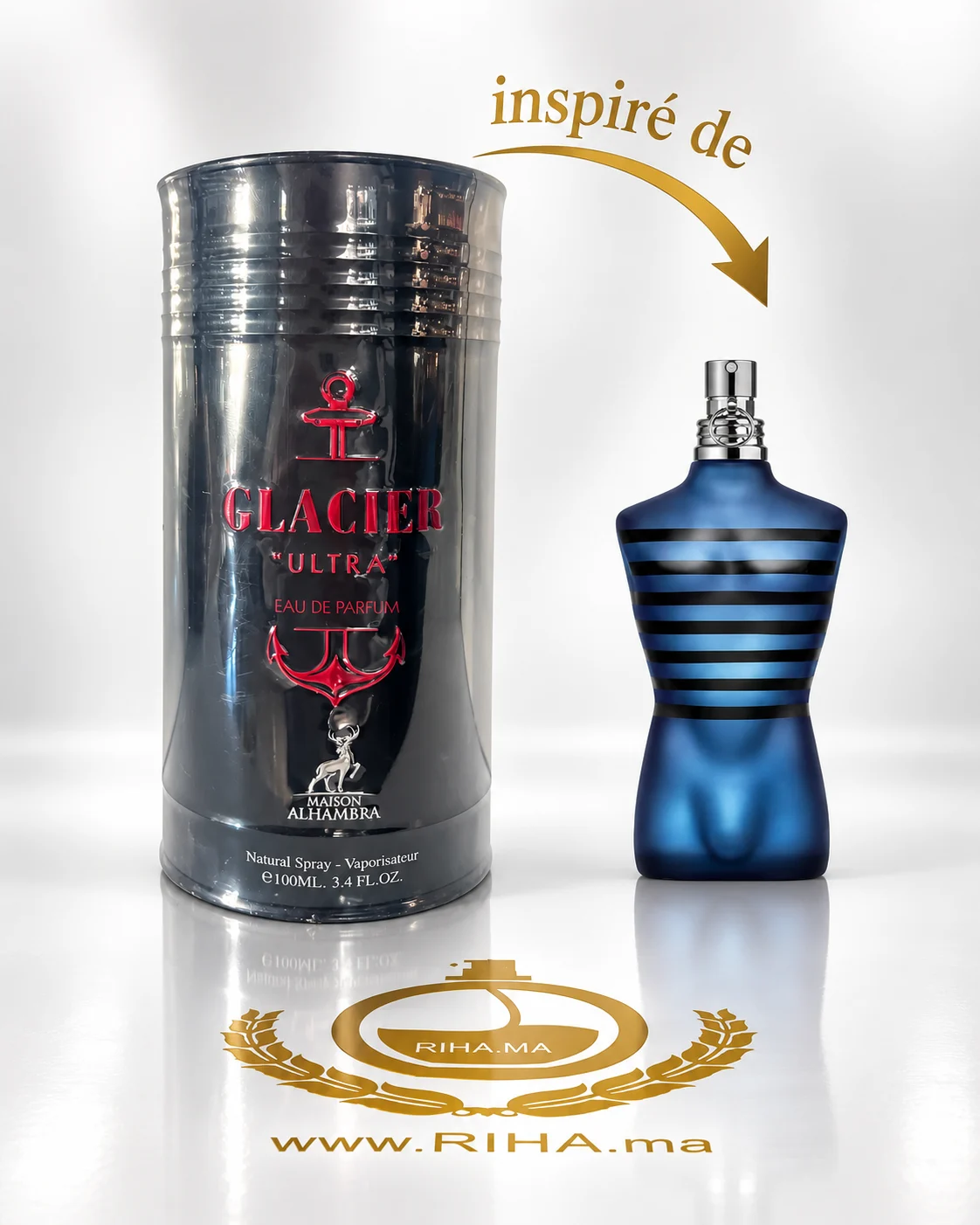 Glacier Ultra Eau De Parfum 100ml Flacon du parfum Glacier Ultra 100 ml sur fond bleu glacé