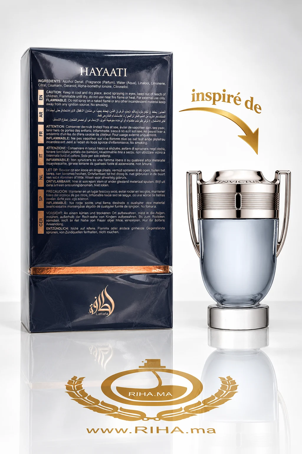 Hayaati Al Maleky Eau De Parfum 100ml — photo 2 Flacon Hayaati Al Maleky Eau De Parfum 100ml sur fond doré — vue 2