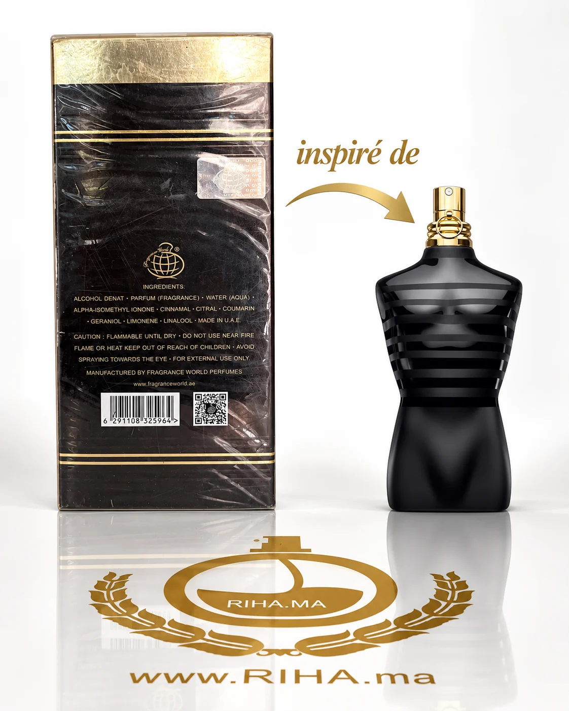 John Gustav Homme Le Parfum 100ml Clone De Male Le Parfum — photo 2 Flacon John Gustav Homme Le Parfum 100 ml sur fond doré — vue 2