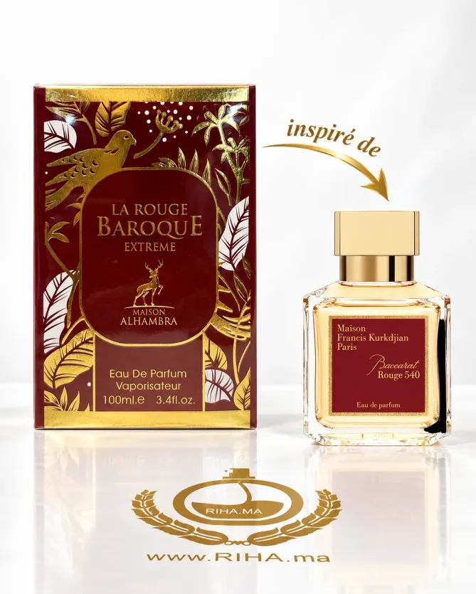 La Rouge Baroque Extreme Eau De Parfum 100ml Flacon La Rouge Baroque Extreme 100 ml sur fond doré élégant