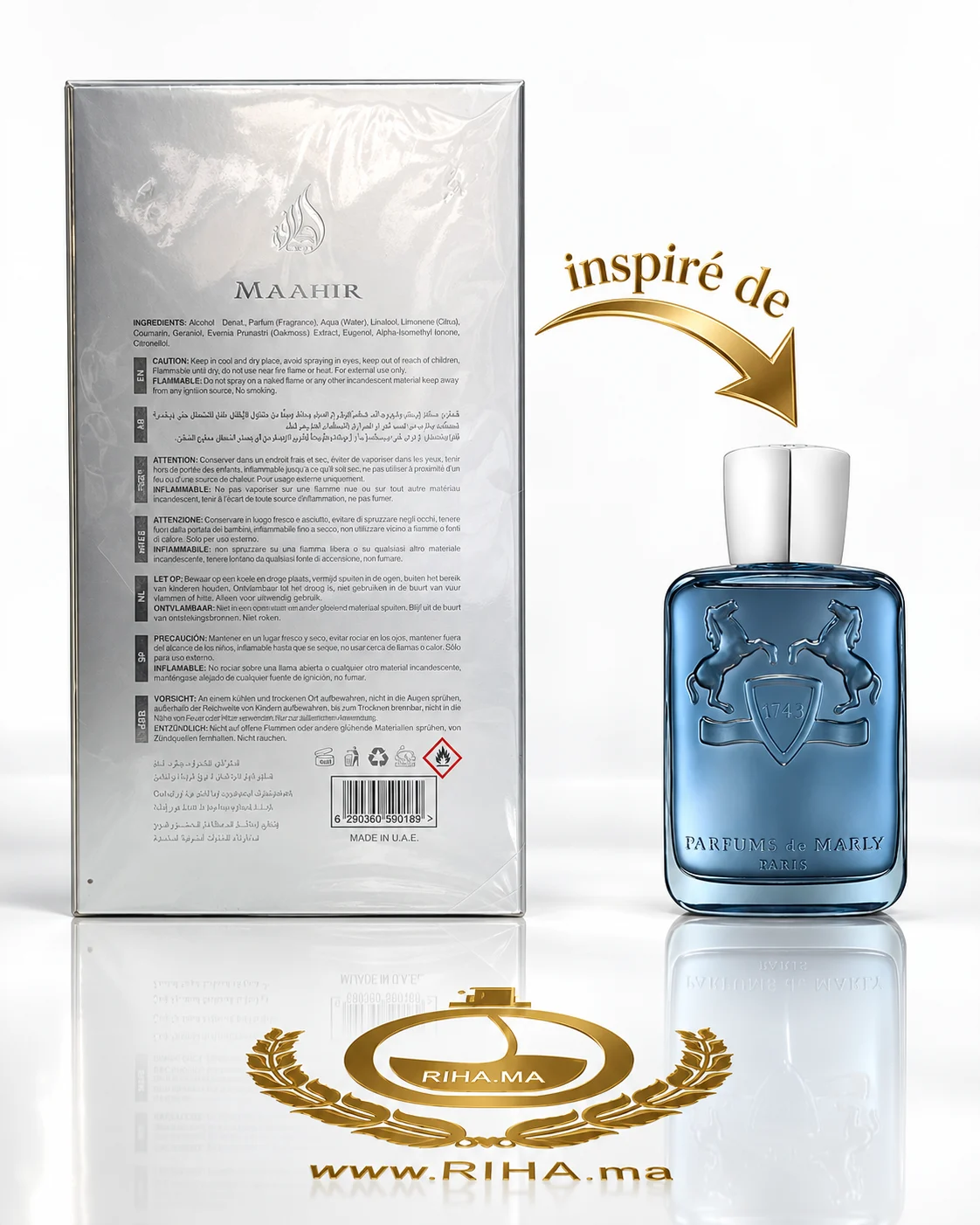 Maahir Legacy Lattafa Pour Homme 100ml — photo 2 Flacon Maahir Legacy Lattafa pour homme 100ml sur fond doré — vue 2