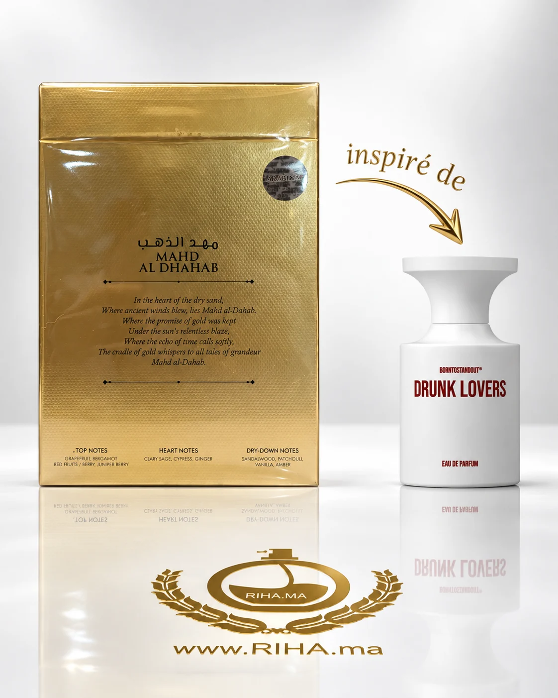 Mahd Al Dhahab Eau De Parfum 100ml — photo 2 Flacon Mahd Al Dhahab Eau De Parfum doré sur fond ambré — vue 2