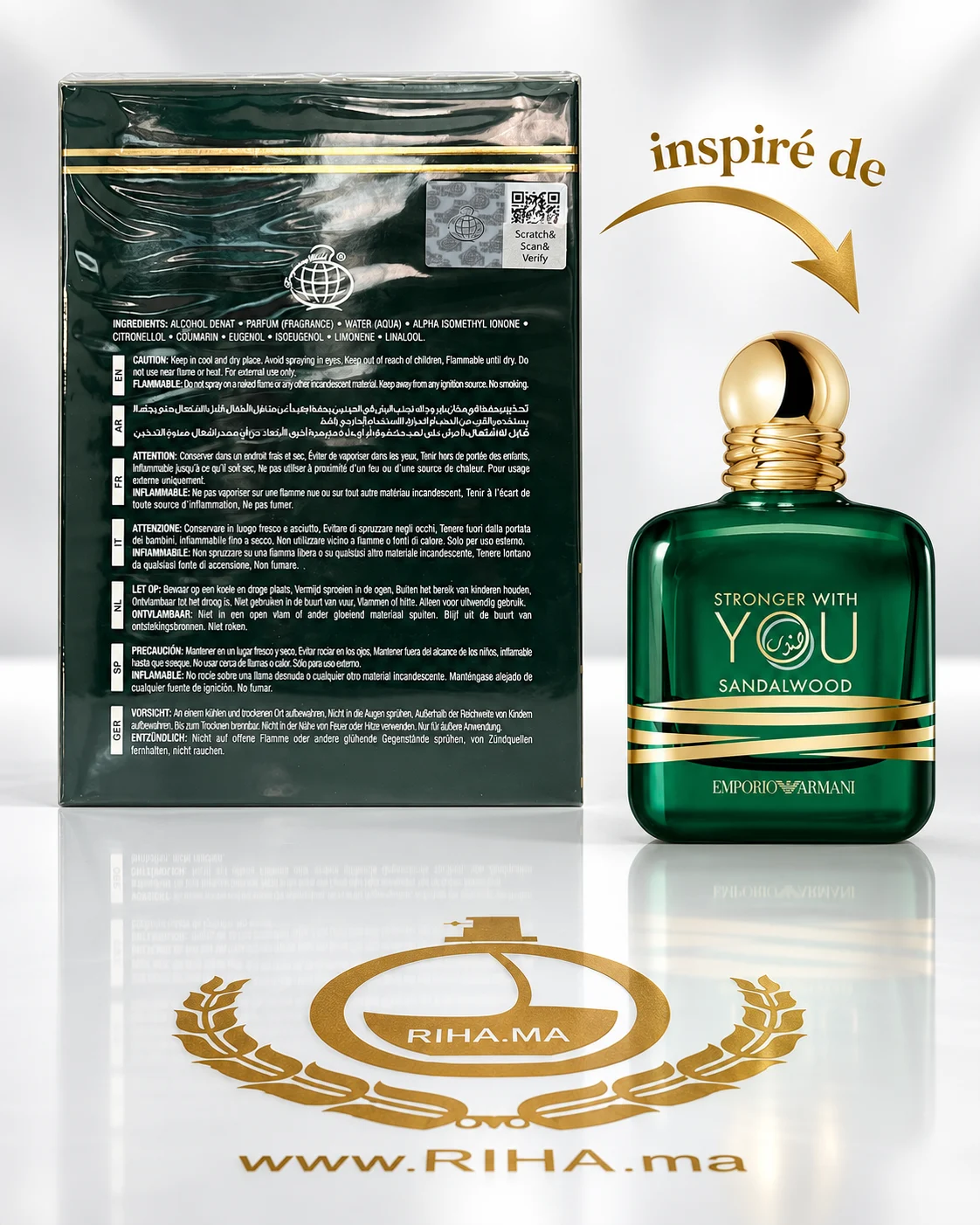 Proud Of You Sandalo Eau DE Parfum Pour Homme 100ml — photo 2 Flacon Proud Of You Sandalo Eau de Parfum pour homme sur fond doré — vue 2
