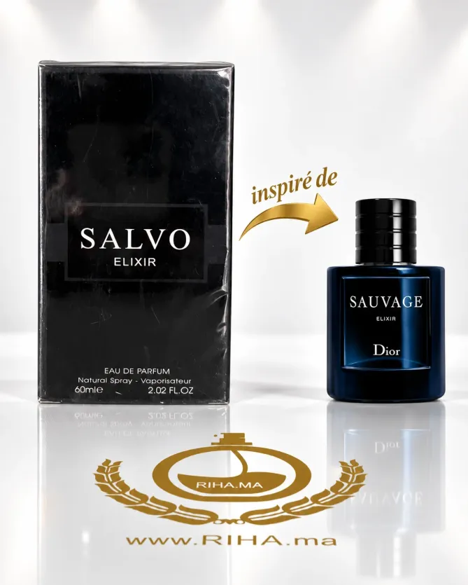 Salvo Elixir Eau De Parfum Pour Homme 60ml Flacon de parfum Salvo Elixir pour homme sur fond ambré