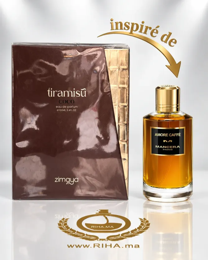 Flacon de parfum tiramisu coco zimaya 100 ml posé sur fond crème