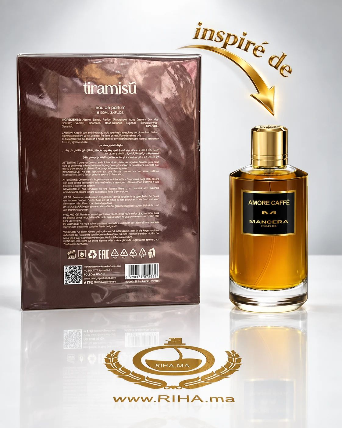 Tiramisu Coco Zimaya Eau De Parfum 100ml — photo 2 Flacon de parfum tiramisu coco zimaya 100 ml posé sur fond crème — vue 2