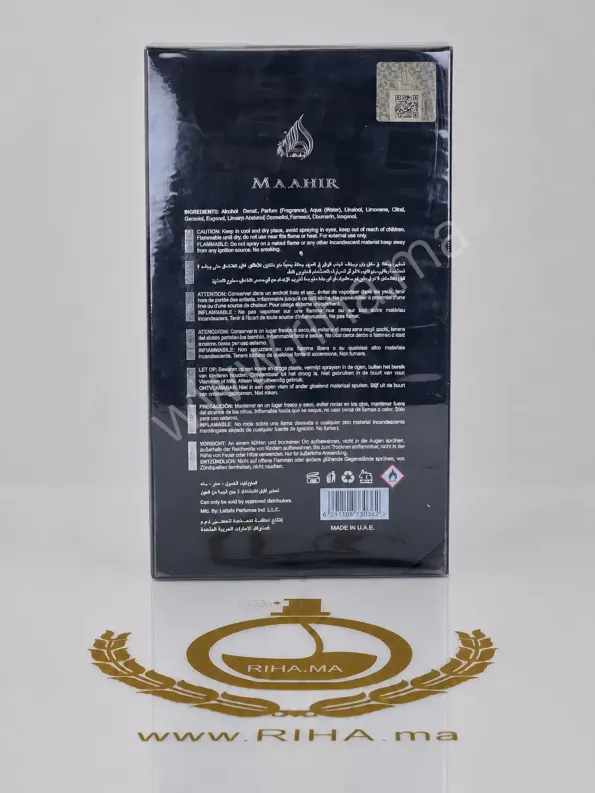 back Maahir black lattafa colne de orto parisi terroni 220dh Maahir Black Edition Lattafa Perfumes, parfum oriental épicé boisé fumé cuiré pour homme et femme, disponible chez RIHA.ma au Maroc au prix de 220 DH.