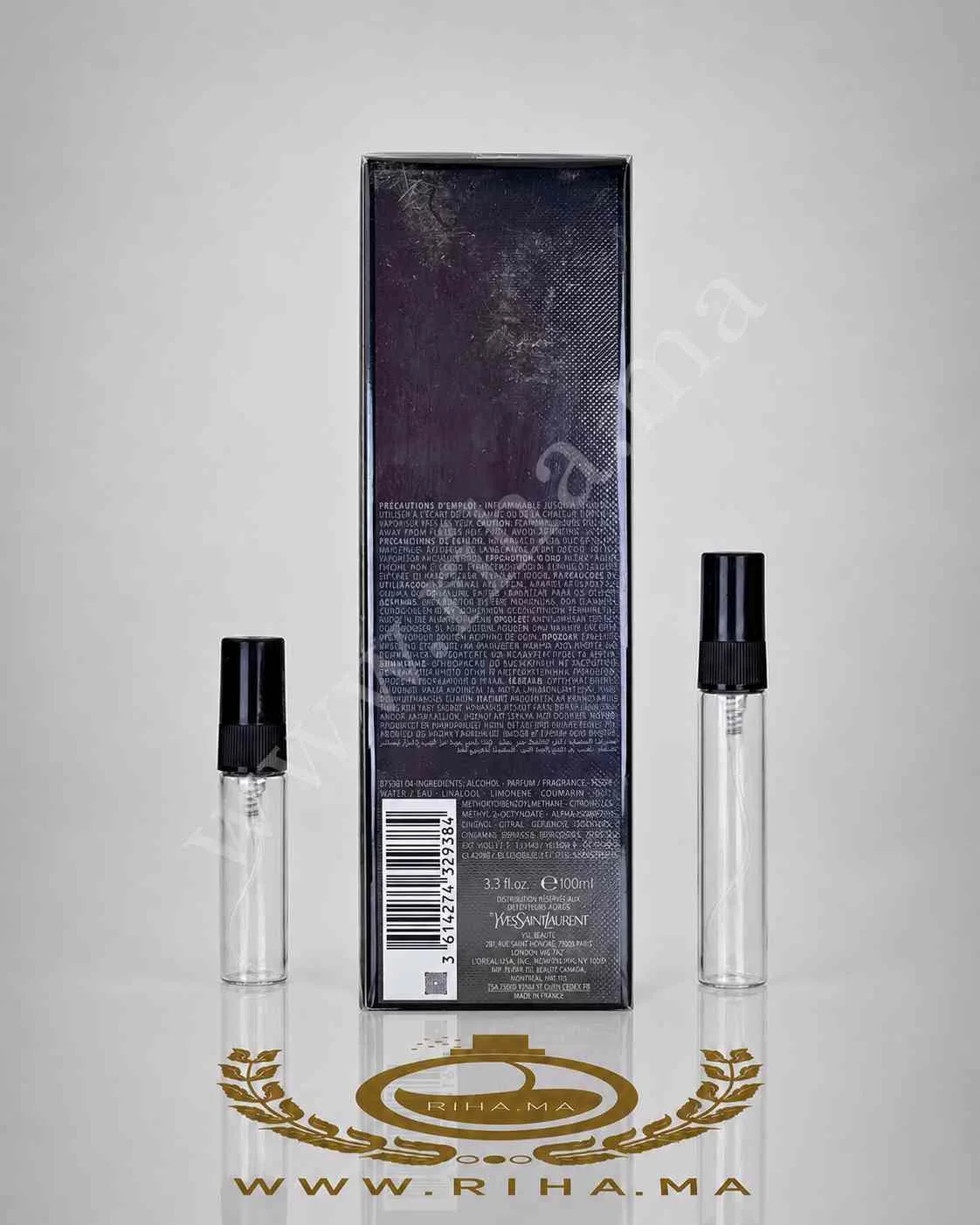 Decantage MYSLF L’Absolu Parfum Yves Saint Laurent Pour Homme Authentic — photo 2 decantage myslf labsolu — Flacon décantage MYSLF L'Absolu Yves Saint Laurent posé sur fond noir — vue 2
