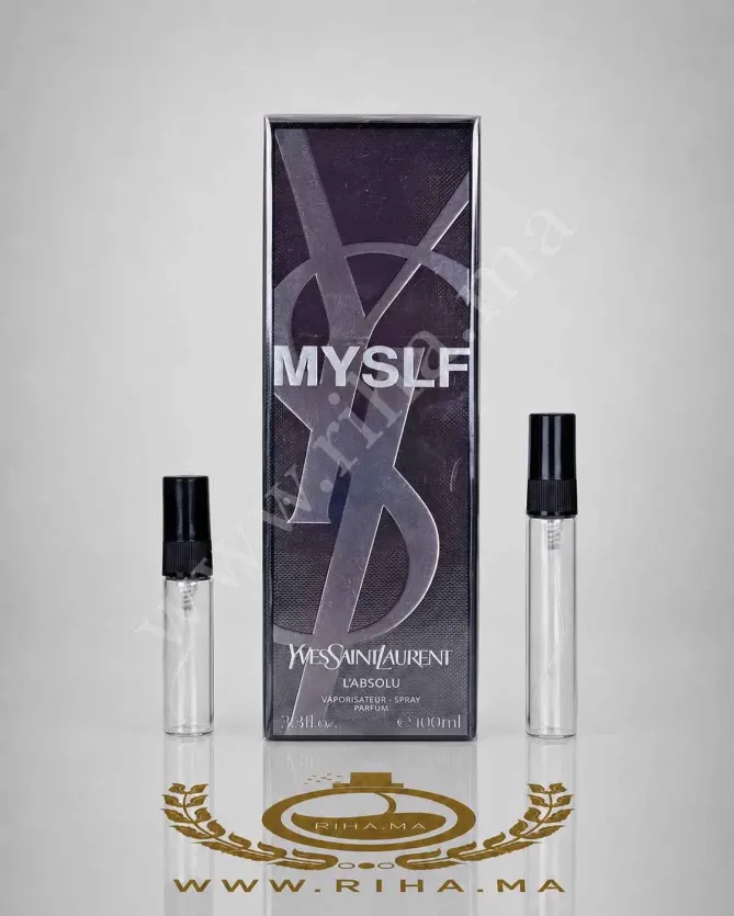 decantage myslf labsolu — Flacon décantage MYSLF L'Absolu Yves Saint Laurent posé sur fond noir