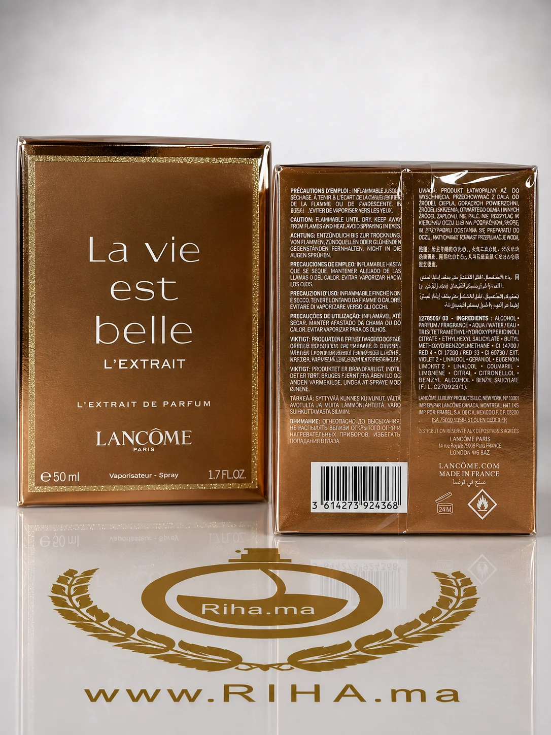 La Vie est Belle L'Extrait Lancôme L'Extrait de Parfum — photo 2 Flacon de parfum la vie est belle lextrait Lancôme sur fond doré — vue 2