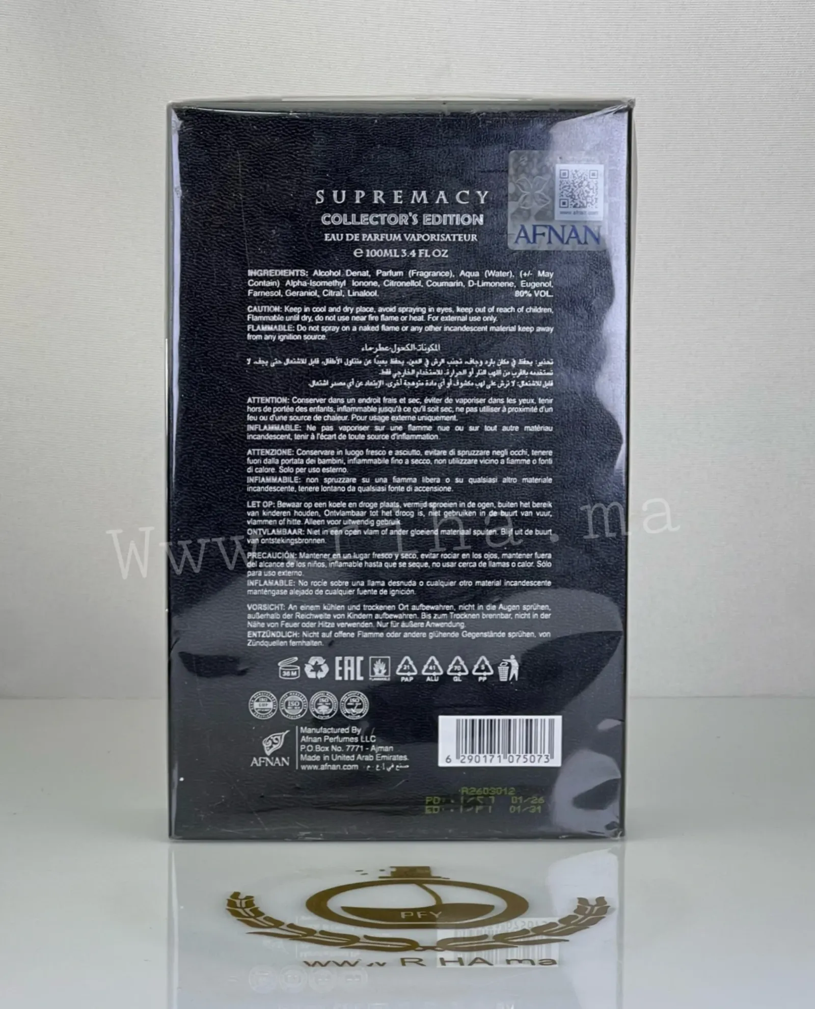 Supremacy Collector's Edition Pour Homme Afnan pour homme 100ML — photo 2 supremacy collectors edition — Flacon de Supremacy collector's edition Afnan posé sur fond noir élégant — vue 2