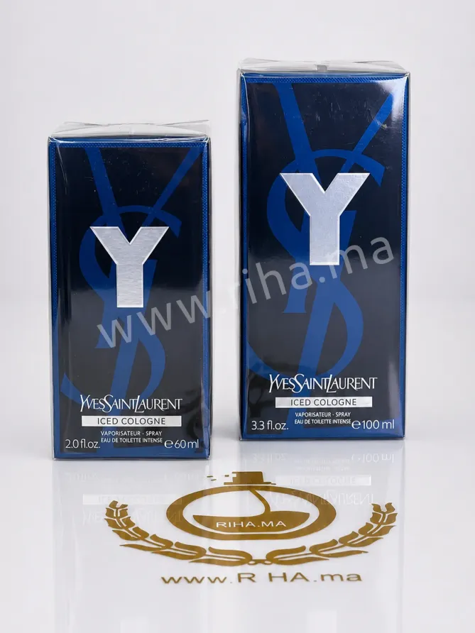 Y Iced Cologne Yves Saint Laurent Homme 60ml Flacon de Y Iced Cologne Yves Saint Laurent sur fond glacé bleu