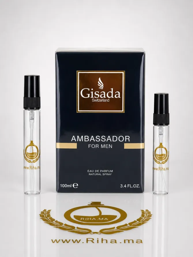 Decantage Ambassador Men Gisada Eau de Parfum Pour Homme Authentic Flacon de décantage Ambassador Men Gisada posé sur fond sombre