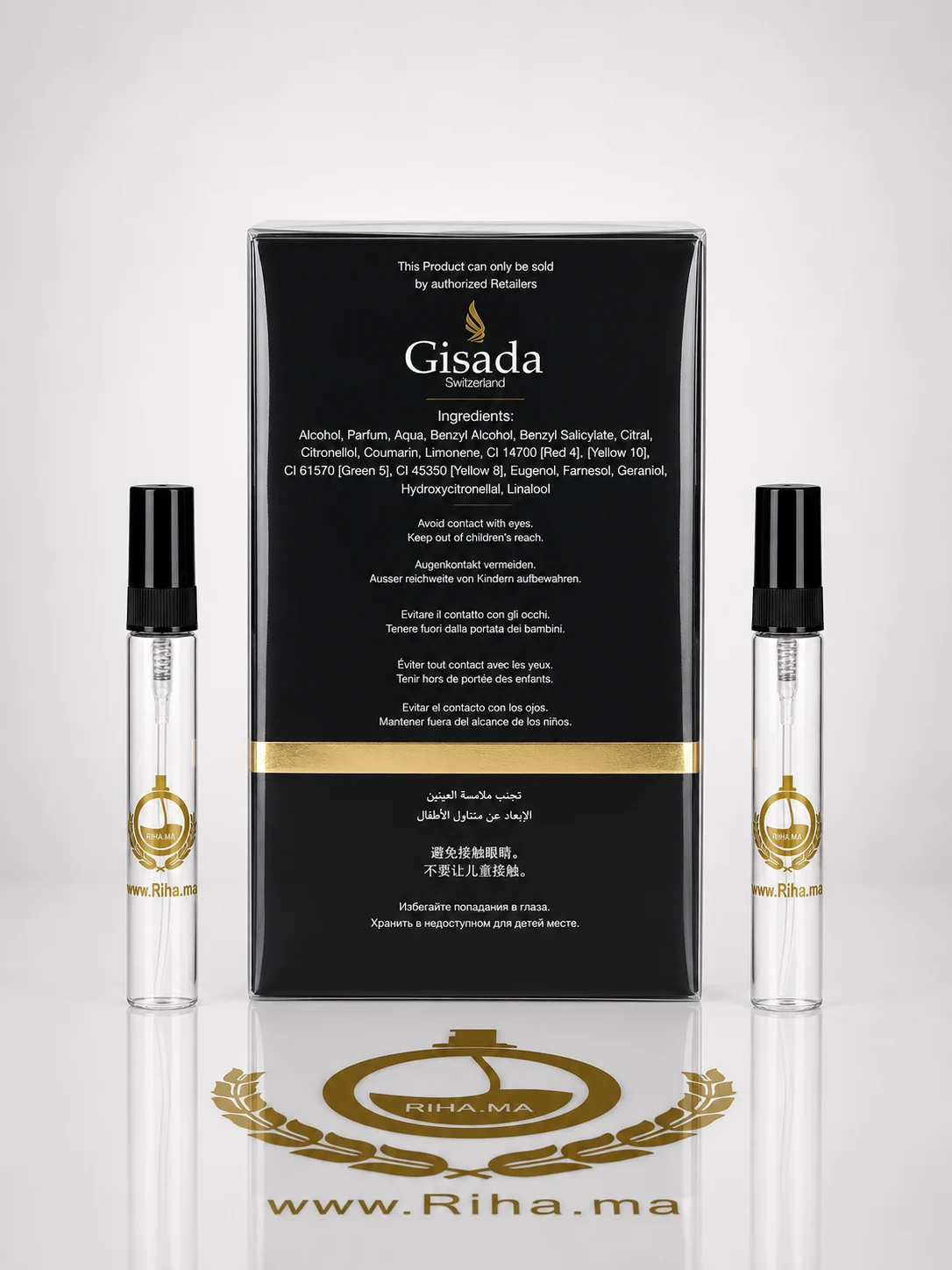 Decantage Ambassador Men Gisada Eau de Parfum Pour Homme Authentic — photo 2 Flacon de décantage Ambassador Men Gisada posé sur fond sombre — vue 2