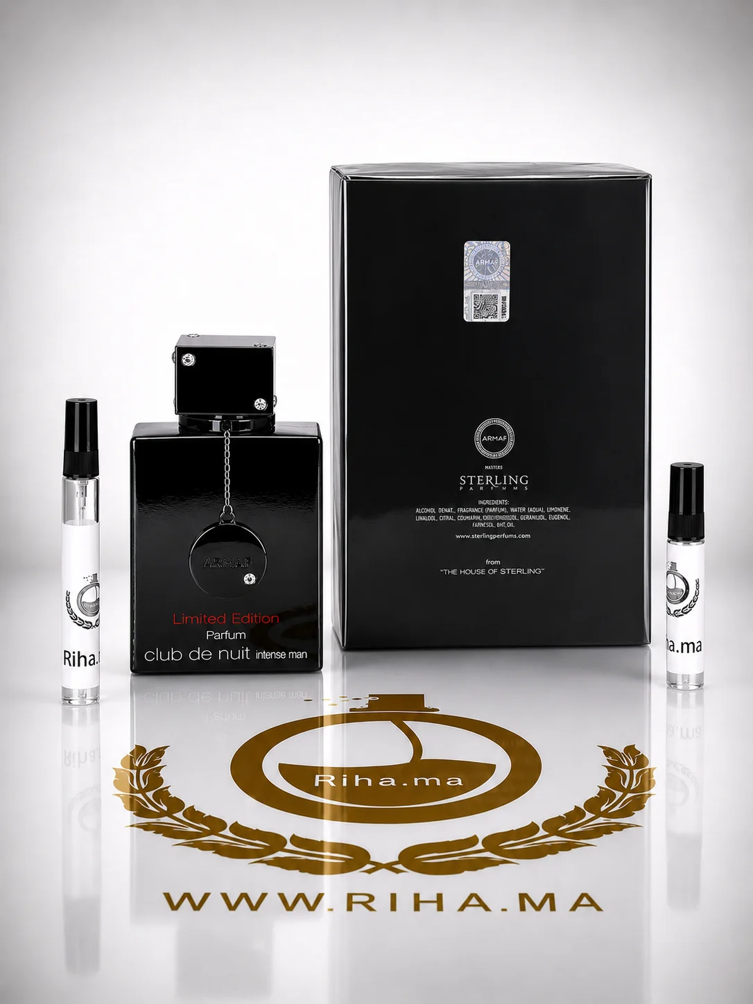 Decantage Club de Nuit Intense Man Limited Edition Parfum Armaf — photo 2 Décantage club de nuit intense Armaf flacon posé sur fond sombre élégant — vue 2