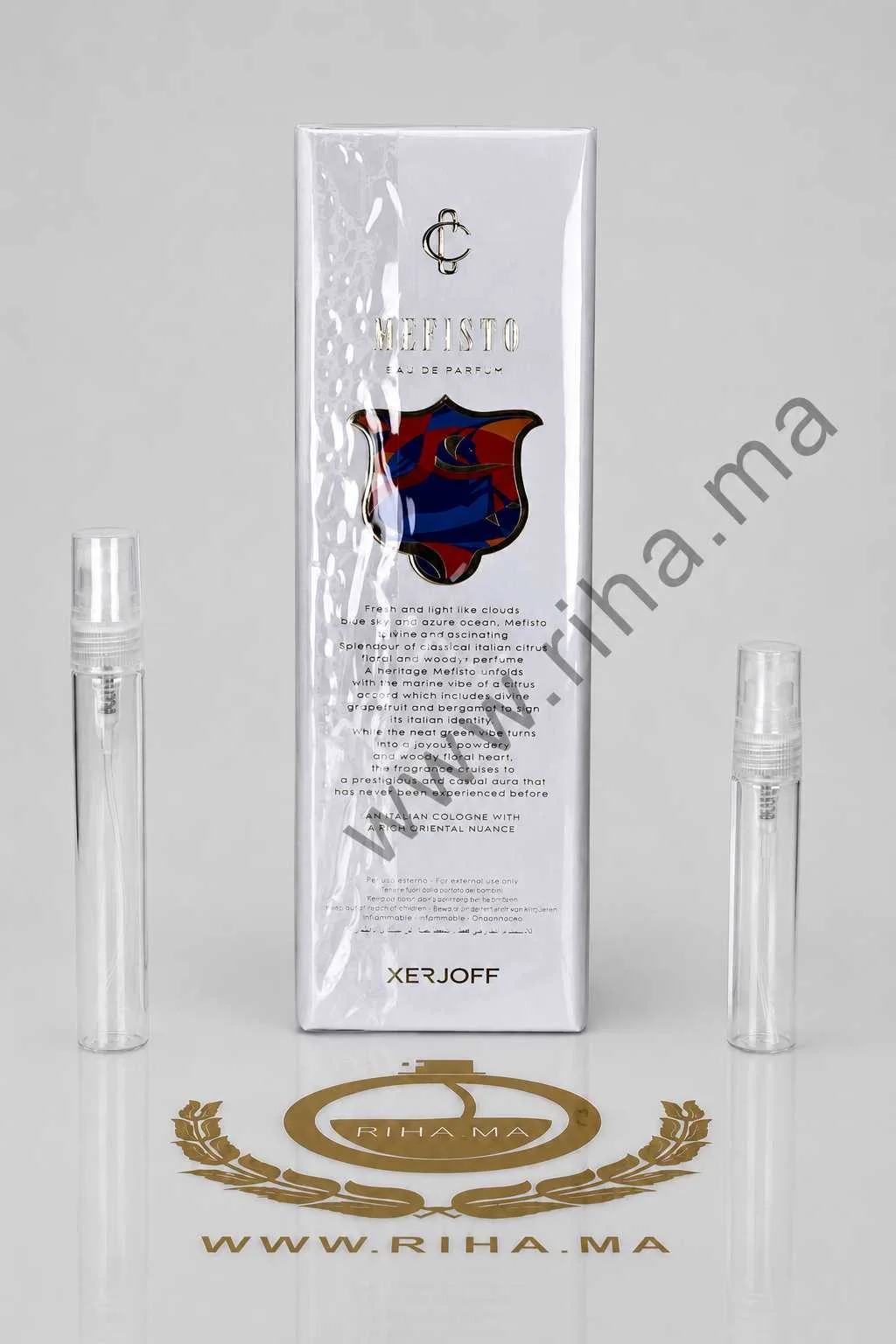 Decantage Mefisto Xerjoff Eau De Parfum Pour Homme Eau De Parfum 100 ml — photo 2 decantage mefisto xerjoff — Flacon de décantage Mefisto Xerjoff sur fond gris élégant — vue 2