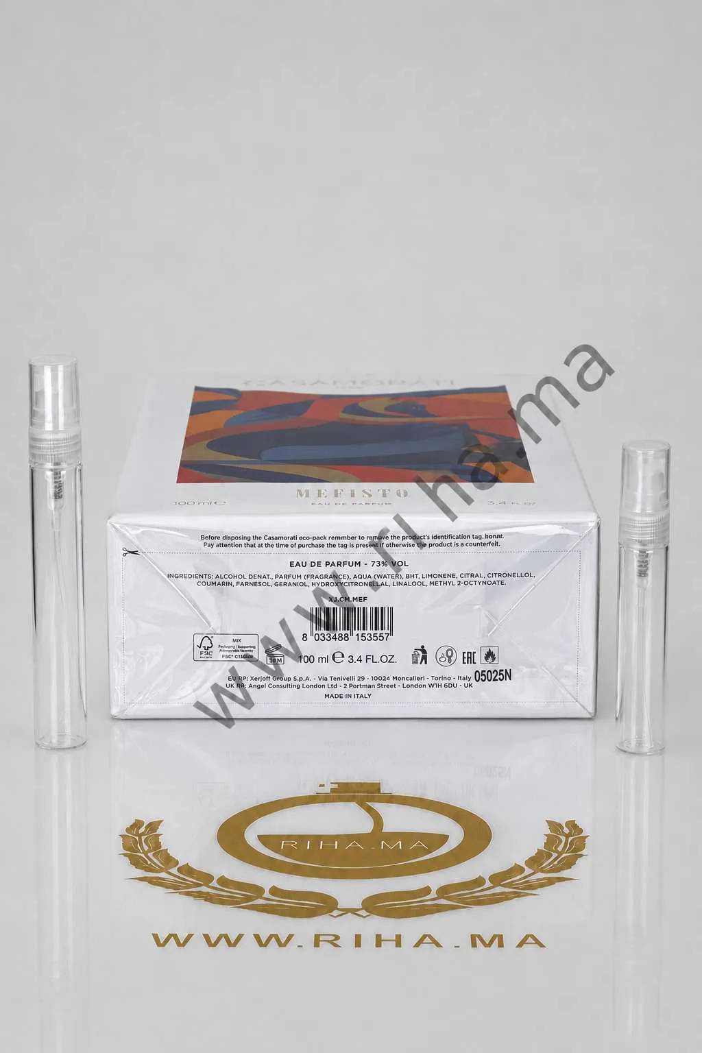Decantage Mefisto Xerjoff Eau De Parfum Pour Homme Eau De Parfum 100 ml — photo 3 decantage mefisto xerjoff — Flacon de décantage Mefisto Xerjoff sur fond gris élégant — vue 3