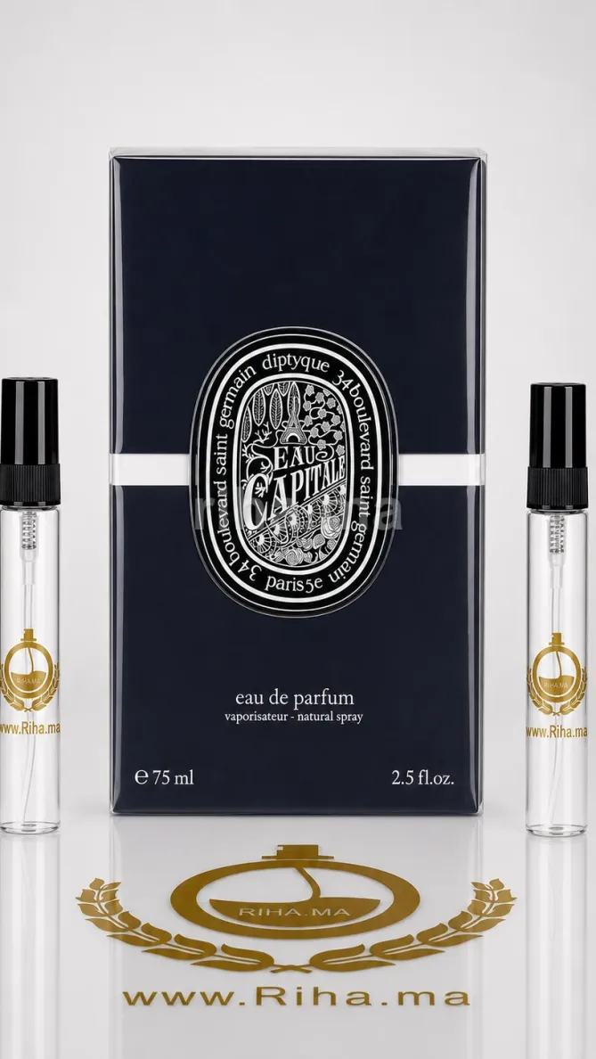 Decantage Eau de Capitale Diptyque Eau de Parfum Pour Femme Authentic Flacon de décantage eau capitale diptyque posé sur fond blanc