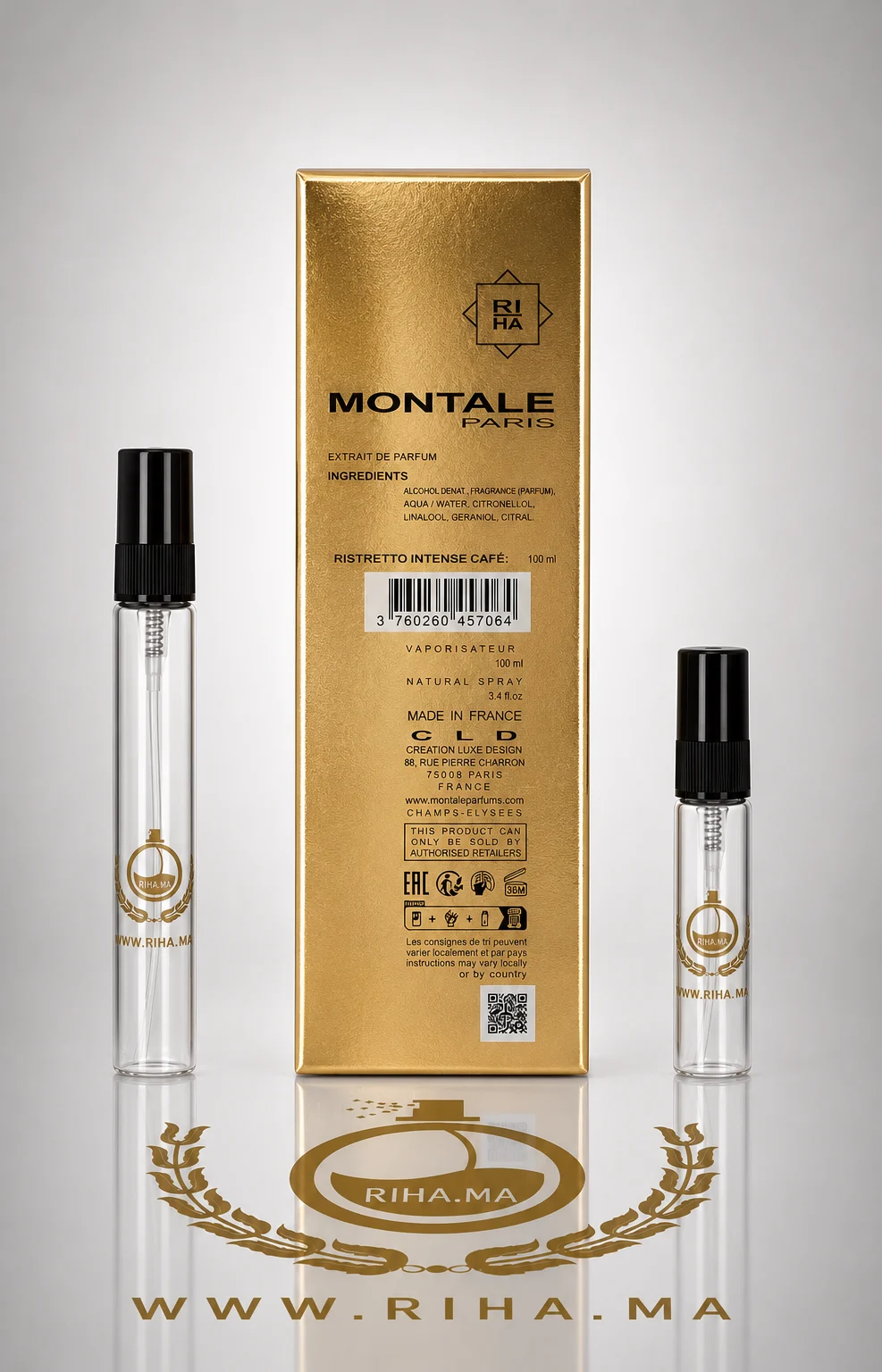 Decantage Ristretto Intense Café Montale Authentic — photo 2 Flacon de decantage ristretto intense cafe montale posé sur fond noir — vue 2