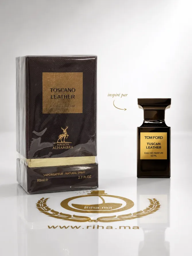 Toscano Leather de Maison Alhambra - inspiré de Tom Ford Flacon de Toscano Leather de Maison Alhambra 80ml sur fond noir