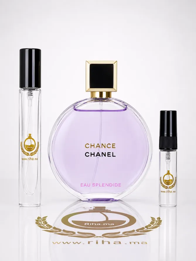 Decantage Chance Eau Splendide Chanel Eau de Parfum Pour Femme Authentic Flacon décantage chance eau splendide Chanel fond rose pétale