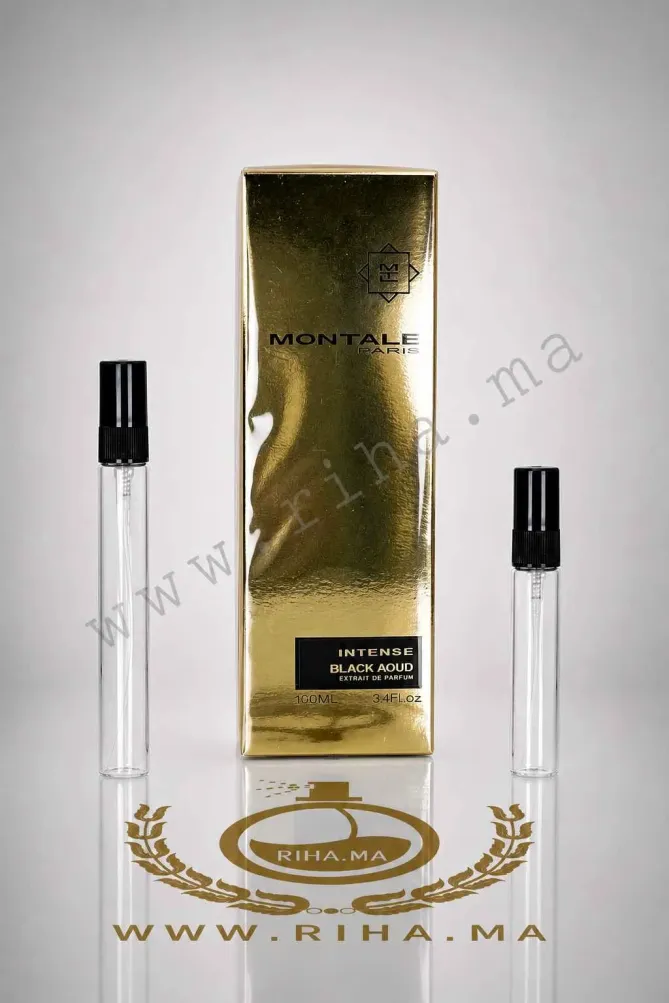 decantage intense black aoud montale — Flacon de décantage Intense Black Aoud Montale posé sur fond noir élégant